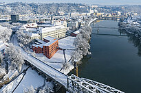 Aerial view on the campus in the winter, everything is covered in snow