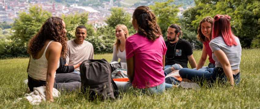 A group of 7 friends sit on the grass in a circle. They chat and smile. The city of Würzburg is far in the background.