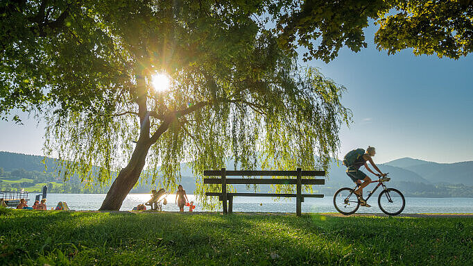 Person fährt Fahrrad mit Tegernsee im Hintergrund.