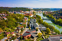  Aerial View on the university campus with a river flowing past