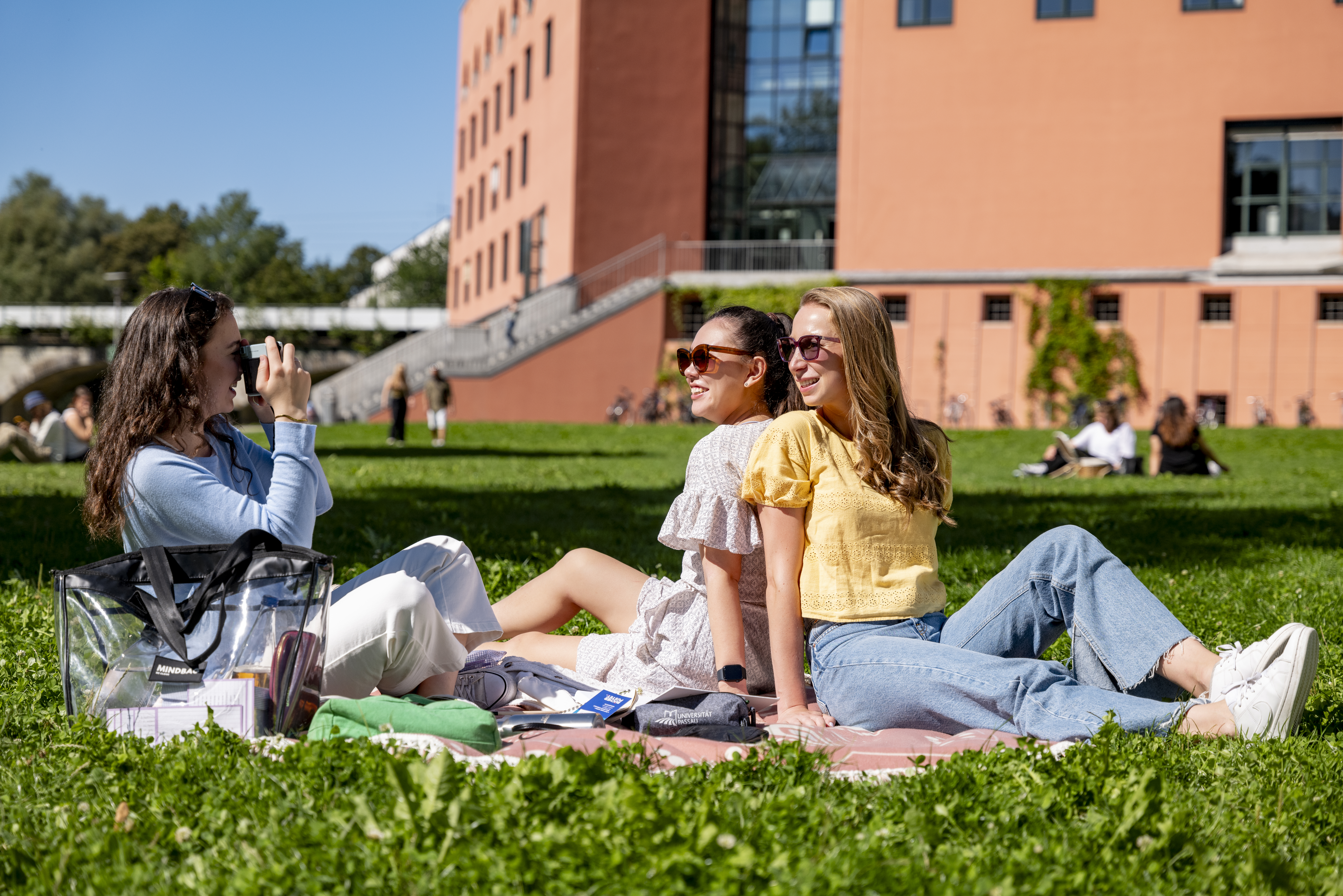 Students sitting in the grass on campus Passau