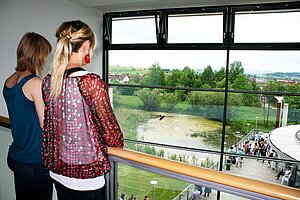 Students looking out of the window on the Campus outside.