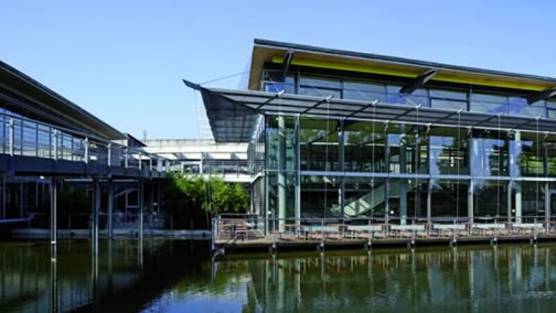 University Building with Lake